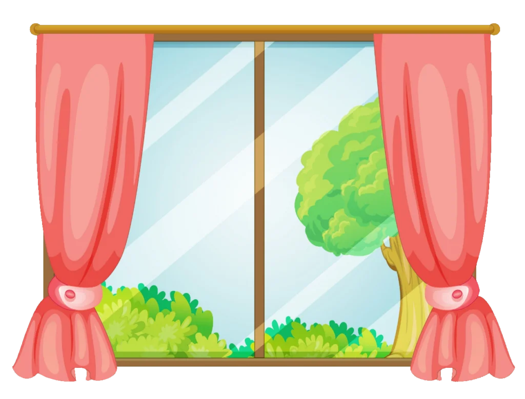 Charming Soft-Hued Window Scene with Lush Green Landscape Clipart Illustration