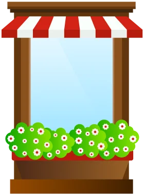 Charming Storefront Window Clipart with Blooming Flower Boxes and Striped Awning