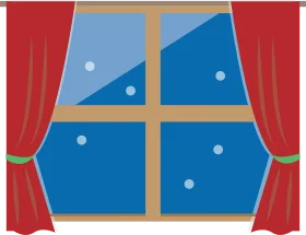 Cozy Indoor Window View with Red Curtains and Snowy Blue Landscape Clipart
