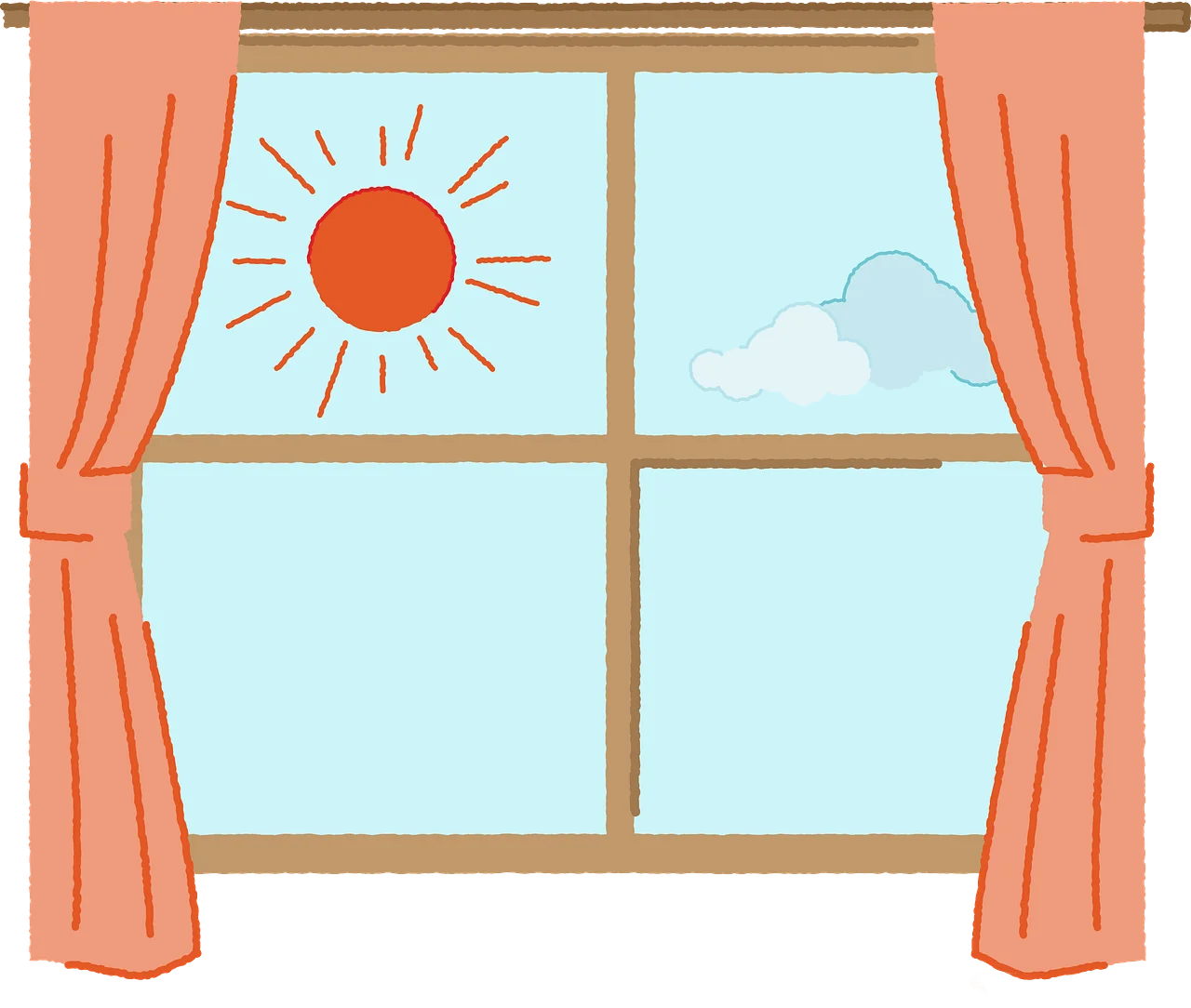 Cozy Interior Window Scene with Warm Sunlight and Soft Coral Curtains Clipart Illustration