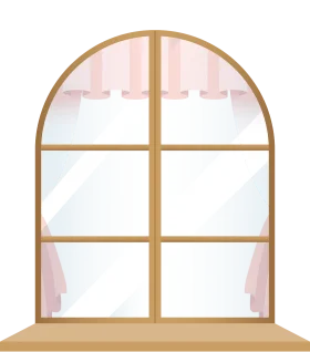 Elegant Arched Wooden Window Frame Clipart with Soft Pink Curtains