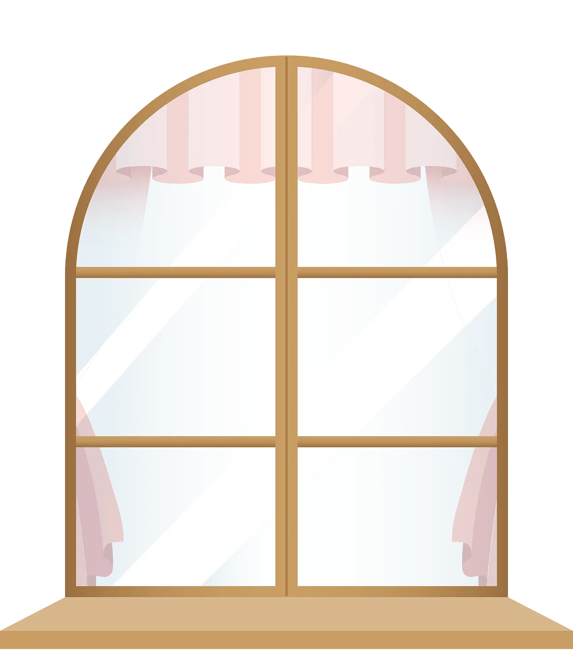 Elegant Arched Wooden Window Frame Clipart with Soft Pink Curtains