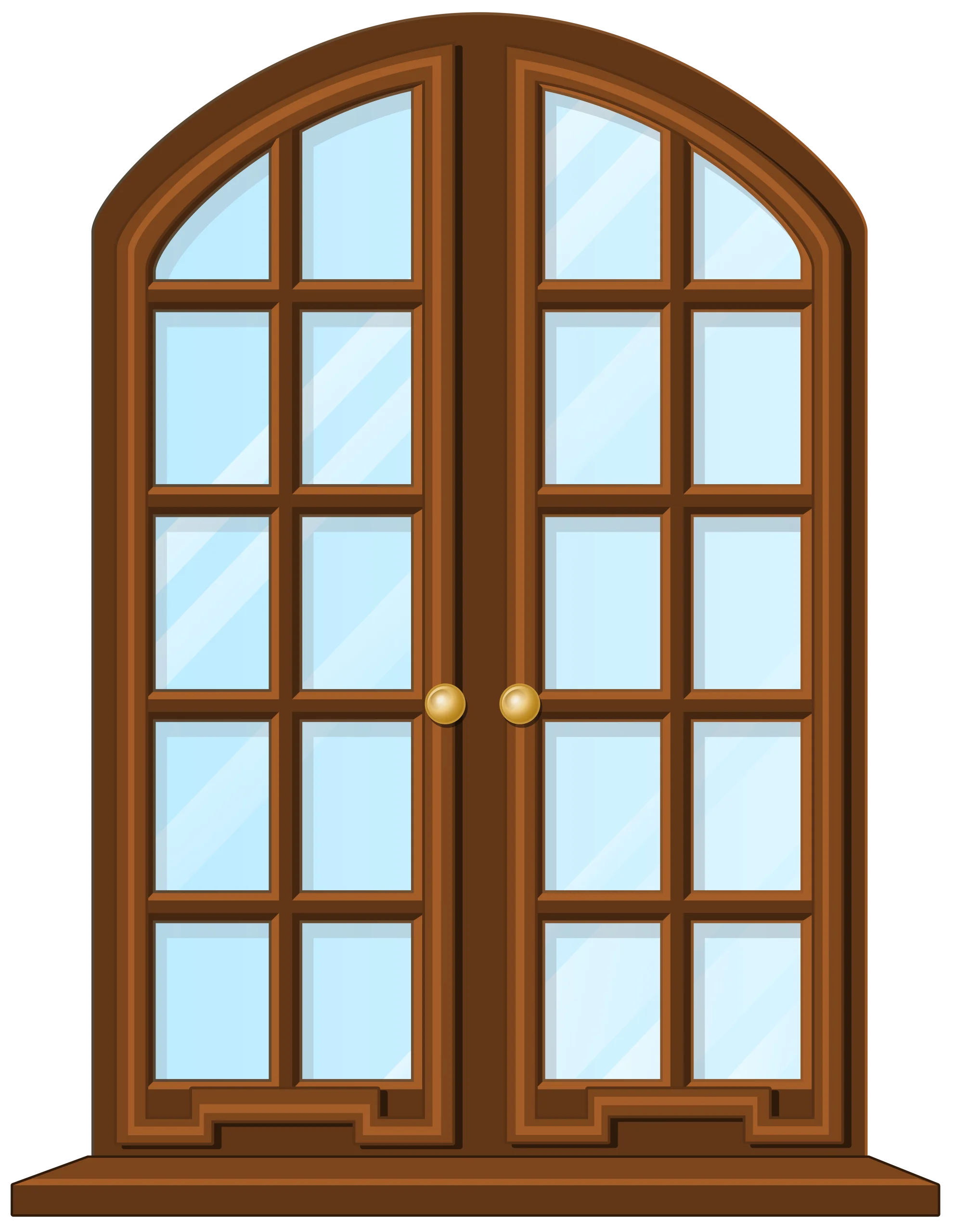 Elegant Wooden Arched French Window Clipart with Symmetrical Glass Panes