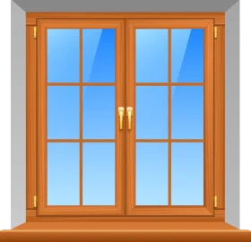 Elegant Wooden Double Casement Window Clipart with Clear Blue Sky Background
