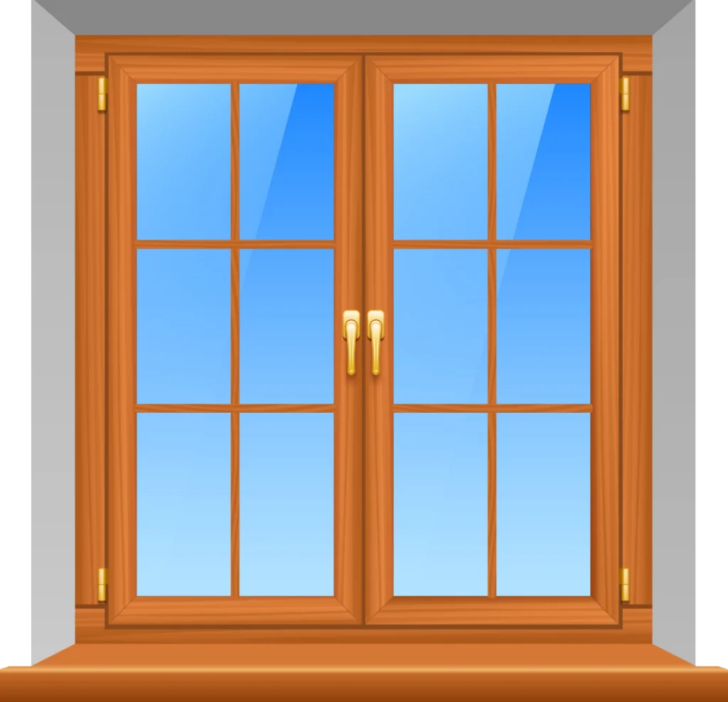 Elegant Wooden Double Casement Window Clipart with Clear Blue Sky Background