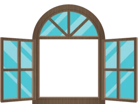 Rustic Wooden Arched Window Clipart with Turquoise Glass Panes Open Wide