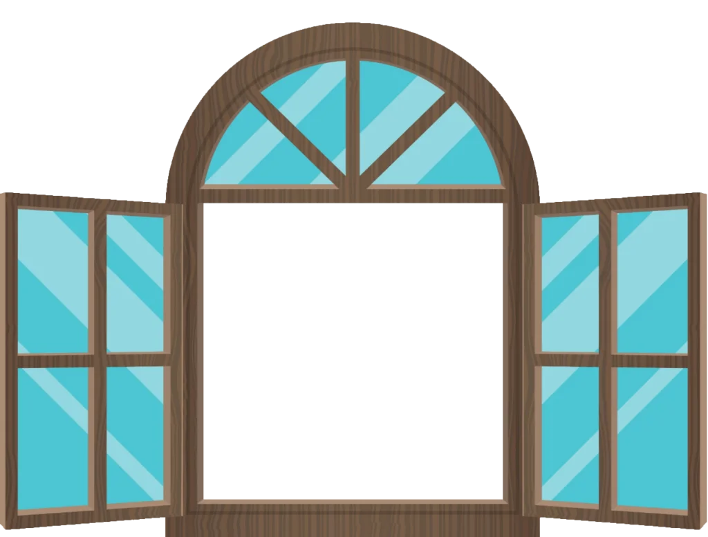 Rustic Wooden Arched Window Clipart with Turquoise Glass Panes Open Wide