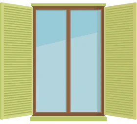 Serene Open Window Clipart with Soft Green Shutters and Translucent Blue Glass Panes