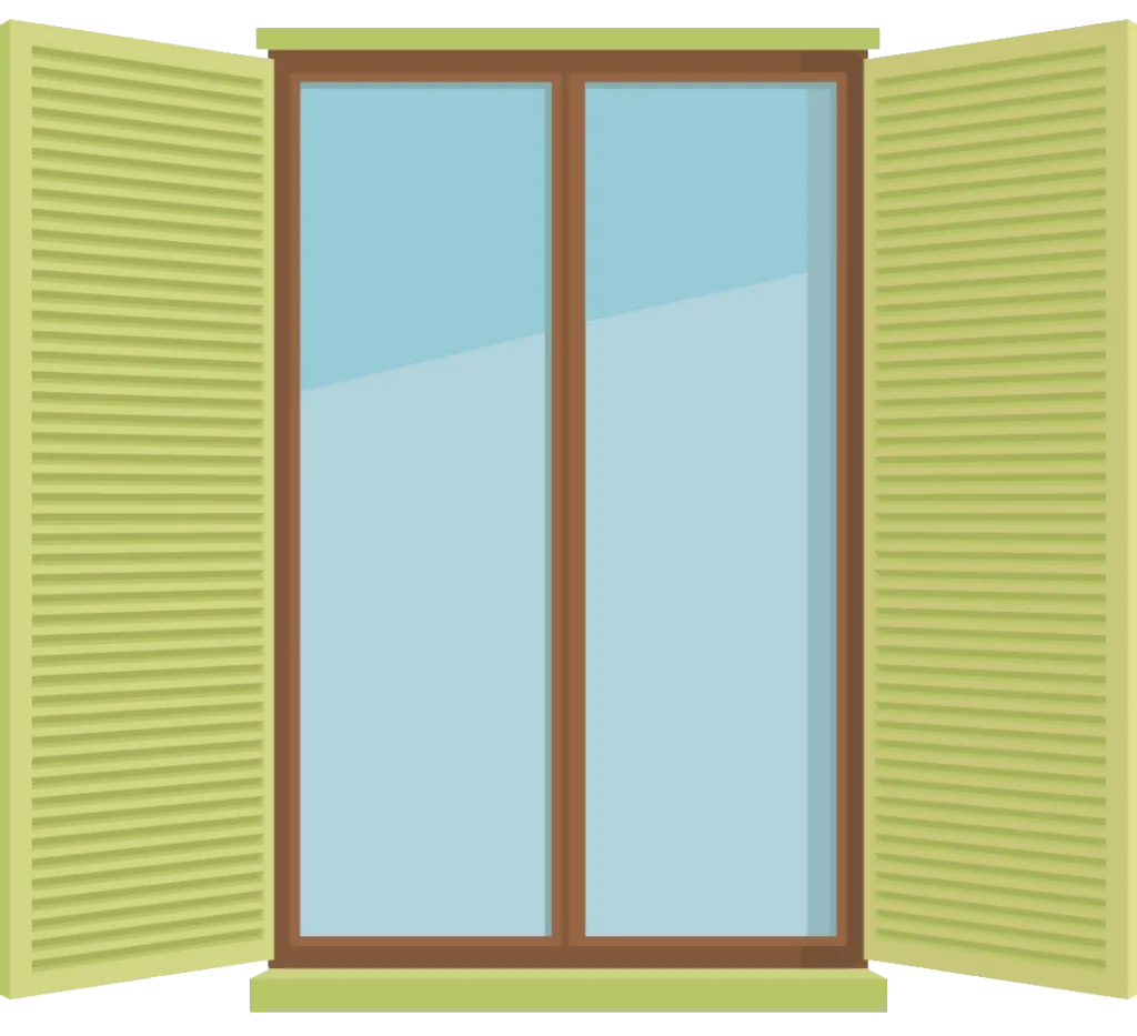 Serene Open Window Clipart with Soft Green Shutters and Translucent Blue Glass Panes