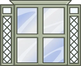 Symmetrical Green-Framed Window Clipart with Lattice Side Panels