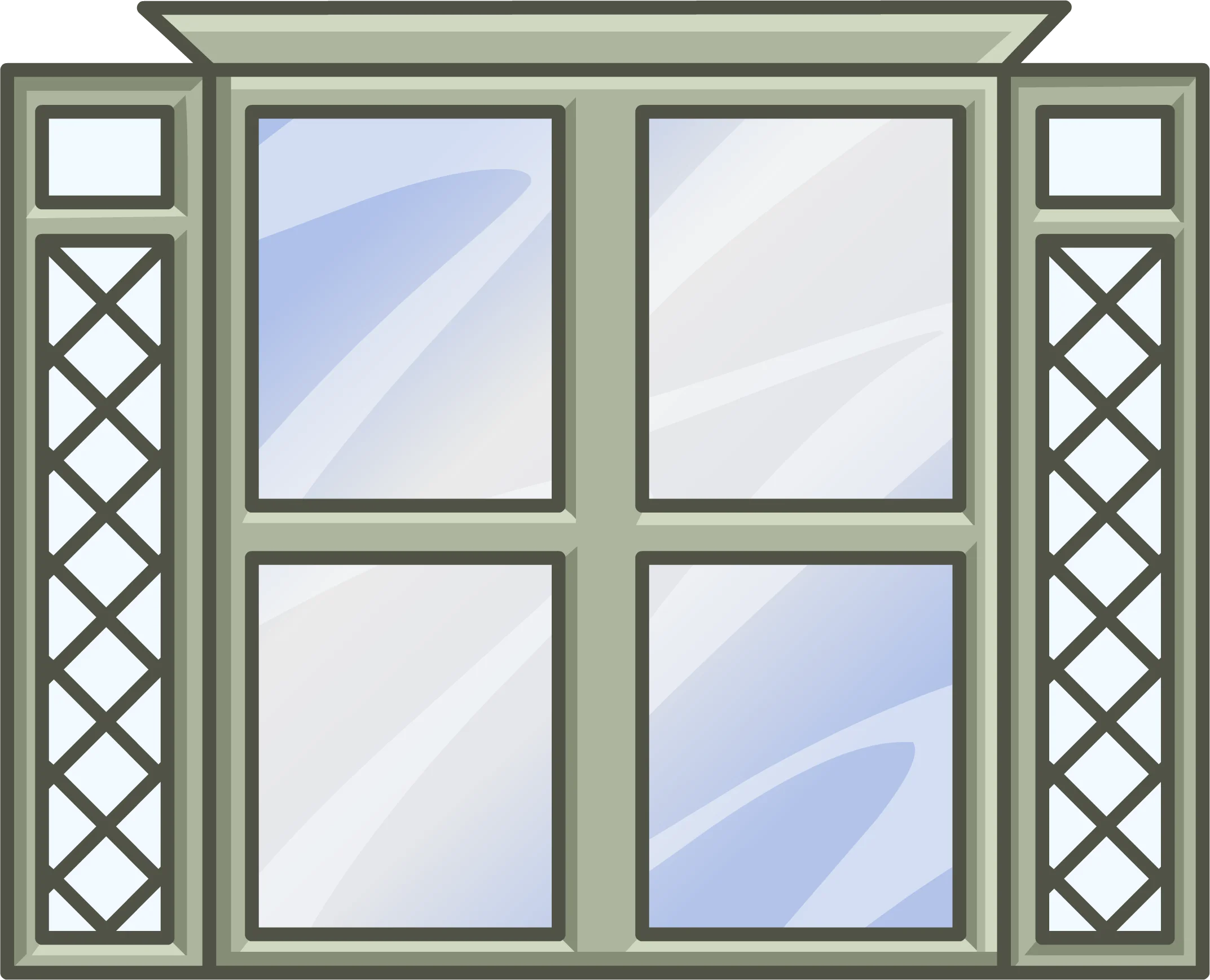 Symmetrical Green-Framed Window Clipart with Lattice Side Panels