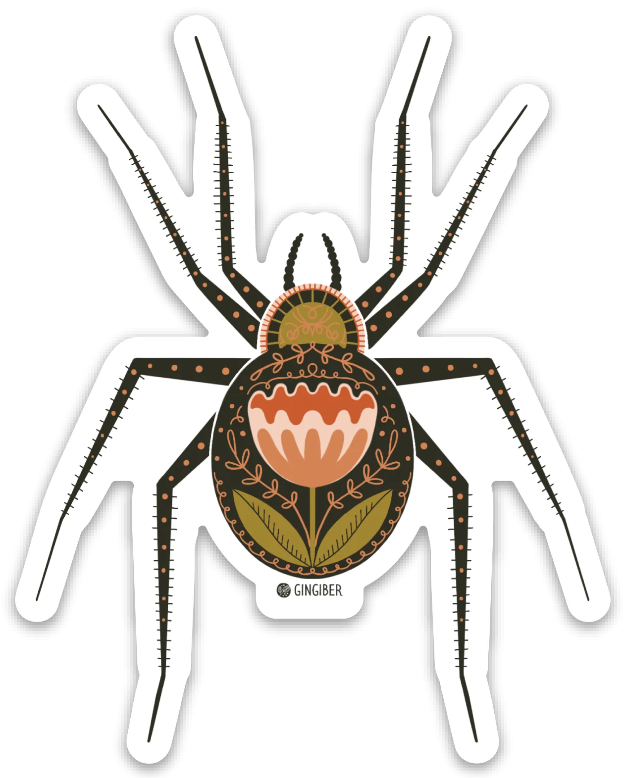 Ornate Folk Art Style Spider Clipart with Intricate Botanical Design