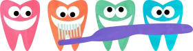 Adorable Cartoon Teeth Characters with Playful Toothbrush Clipart Illustration