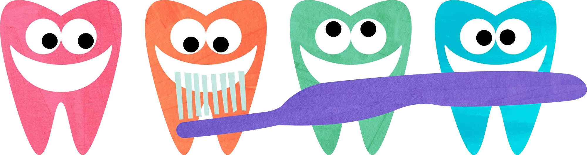 Adorable Cartoon Teeth Characters with Playful Toothbrush Clipart Illustration