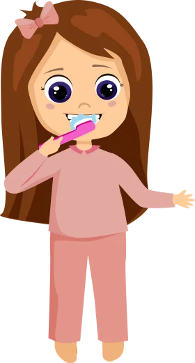 Adorable Child Brushing Teeth Cartoon Clipart with Pink Outfit and Cute Expression