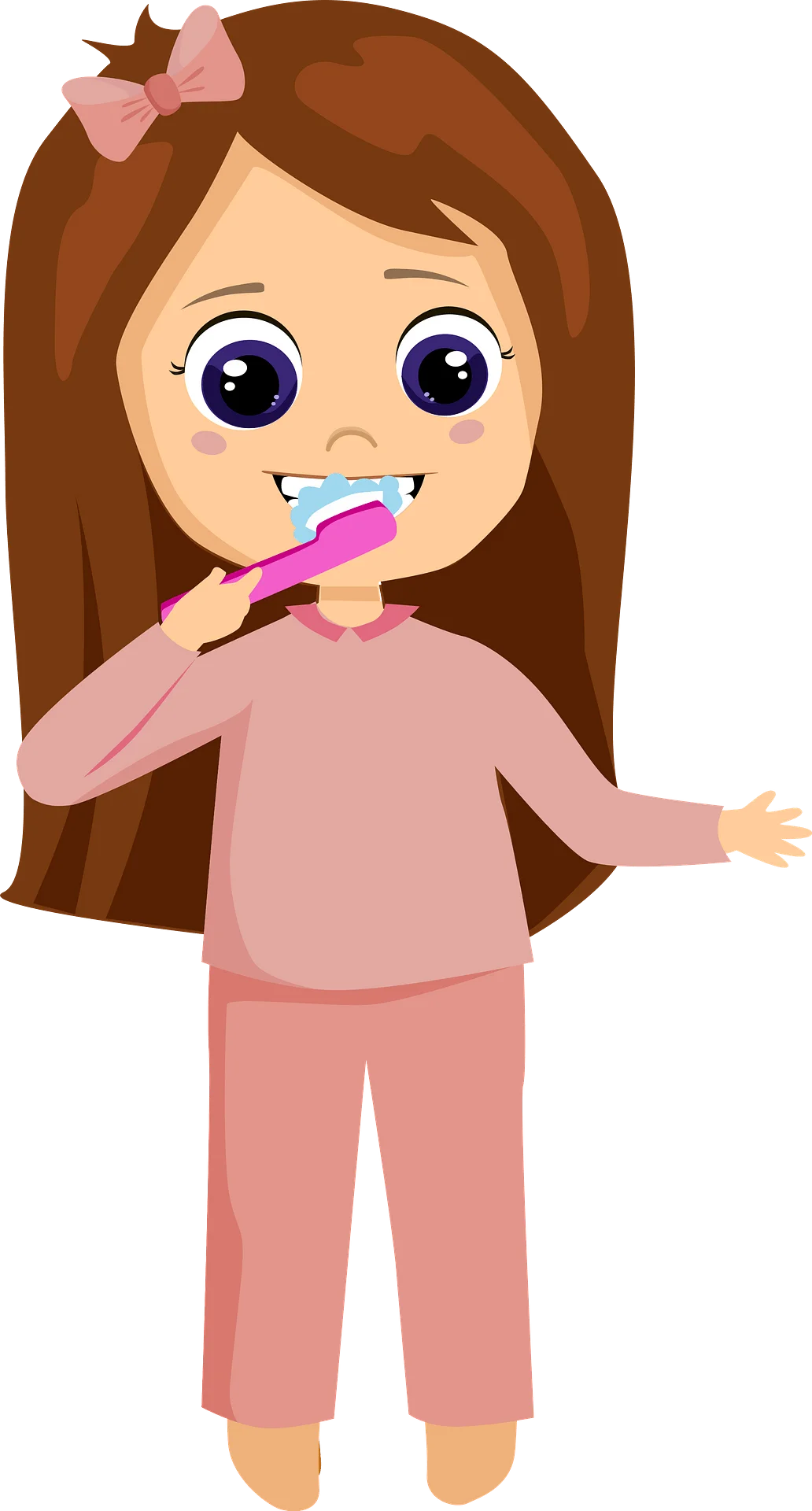 Adorable Child Brushing Teeth Cartoon Clipart with Pink Outfit and Cute Expression