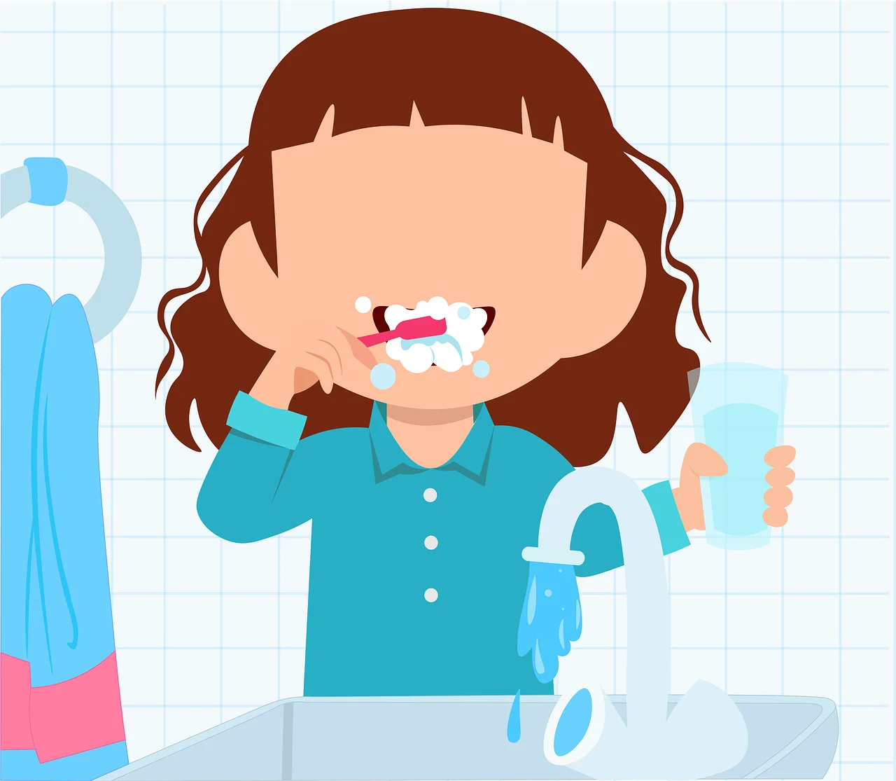 Cheerful Child Brushing Teeth Cartoon Clipart - Morning Dental Hygiene Scene