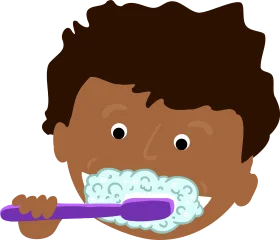 Cheerful Child Brushing Teeth with Purple Toothbrush Cartoon Clipart Illustration