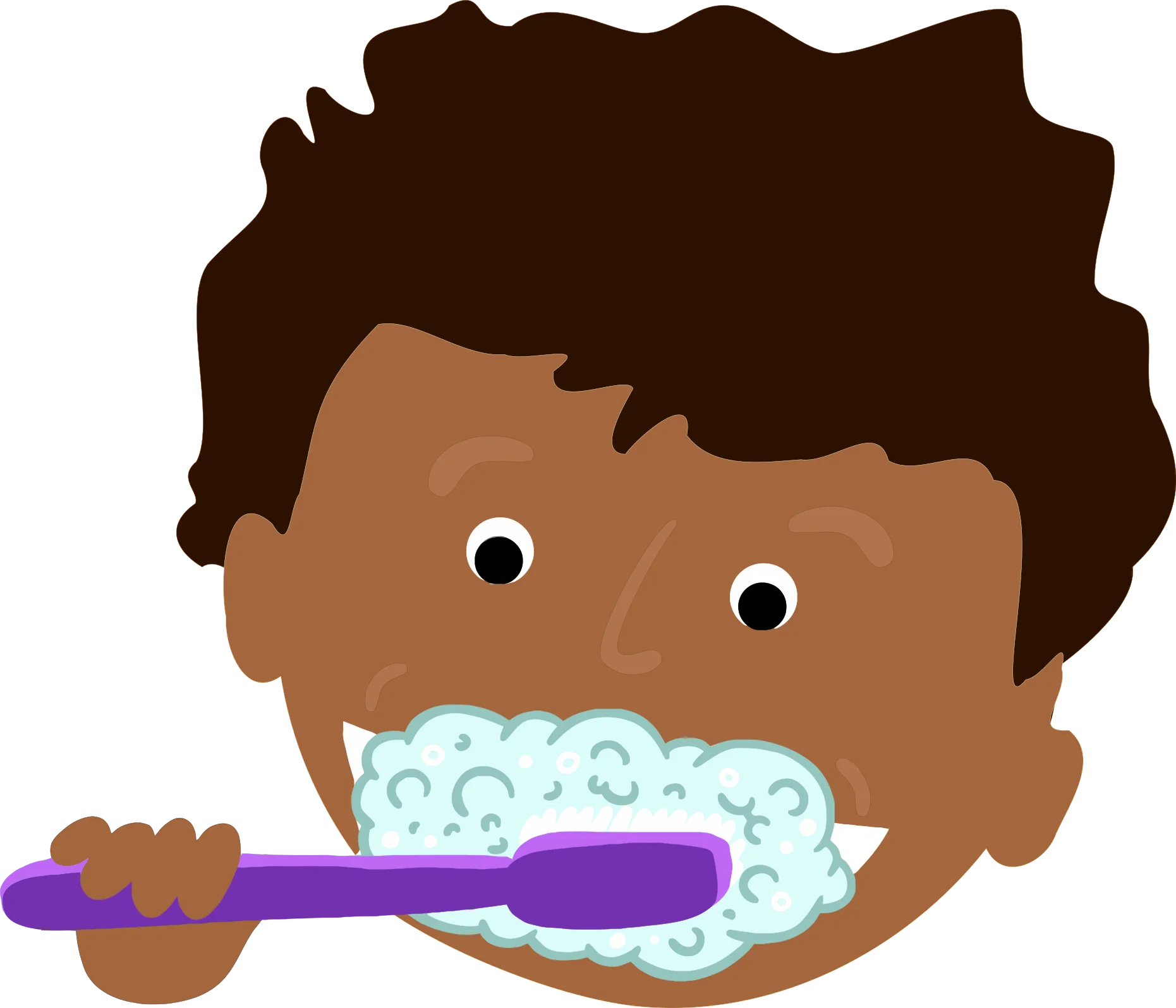 Cheerful Child Brushing Teeth with Purple Toothbrush Cartoon Clipart Illustration