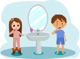 Cheerful Children Brushing Teeth Bathroom Clipart Illustration for Kids