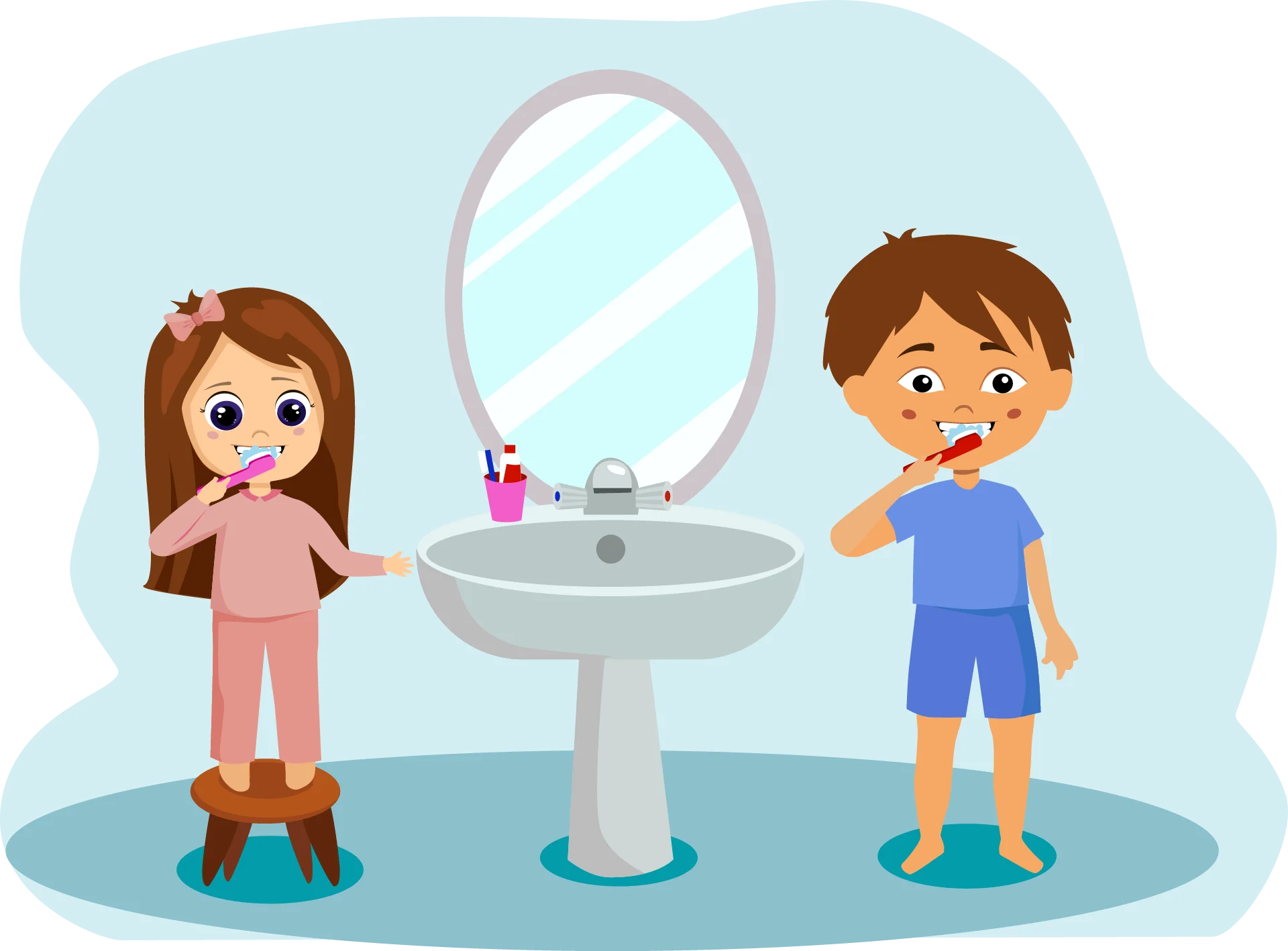 Cheerful Children Brushing Teeth Bathroom Clipart Illustration for Kids