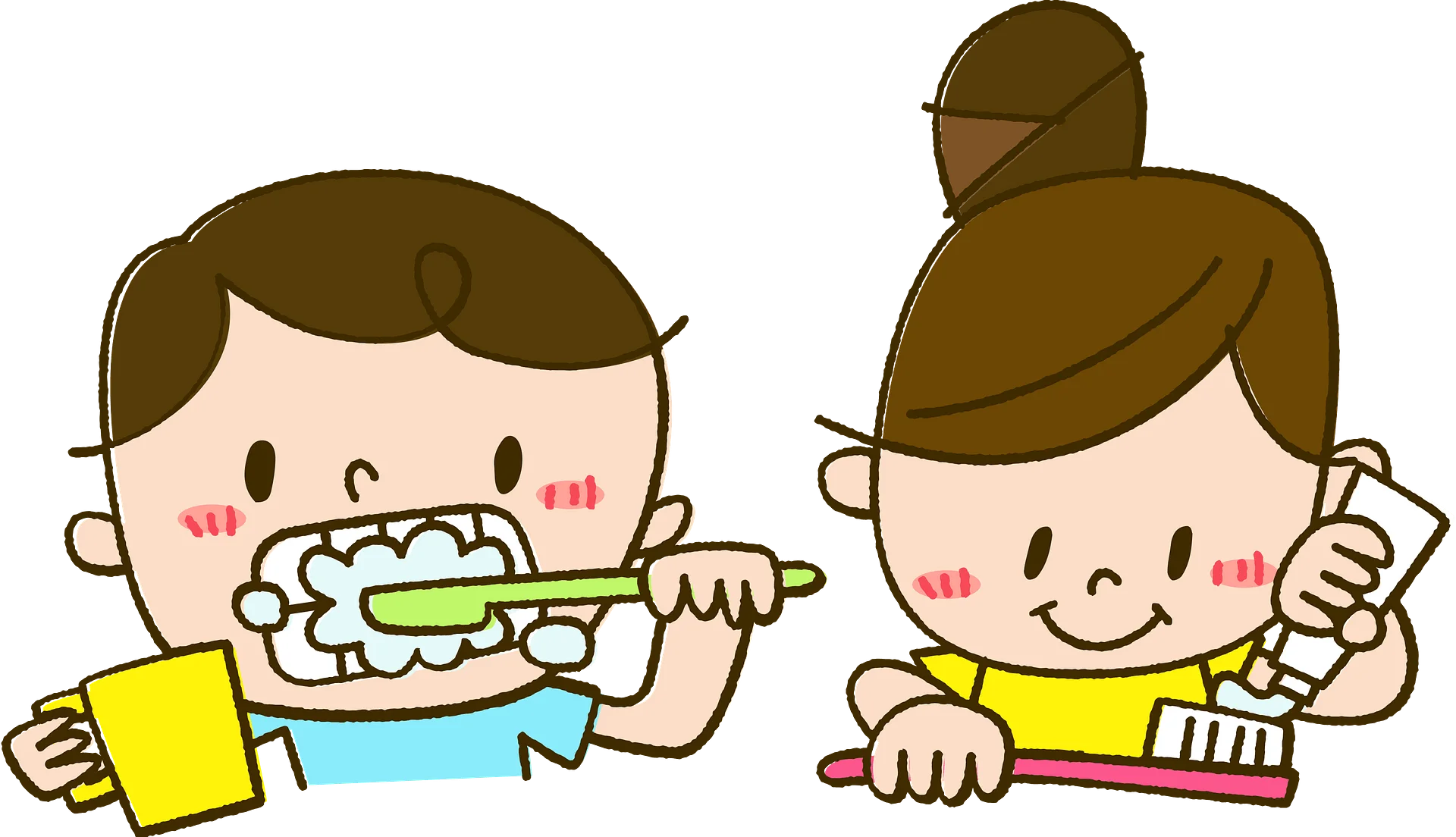 Cheerful Children Brushing Teeth Clipart - Dental Hygiene Illustration