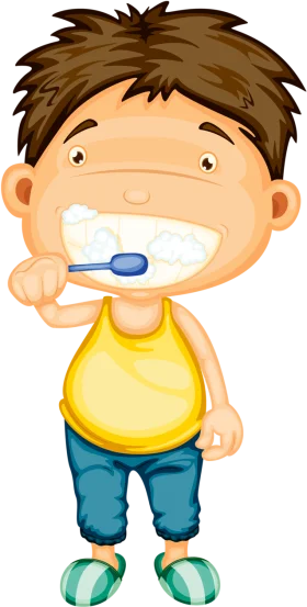 Cheerful Young Boy Brushing Teeth in Cute Cartoon Clipart Style