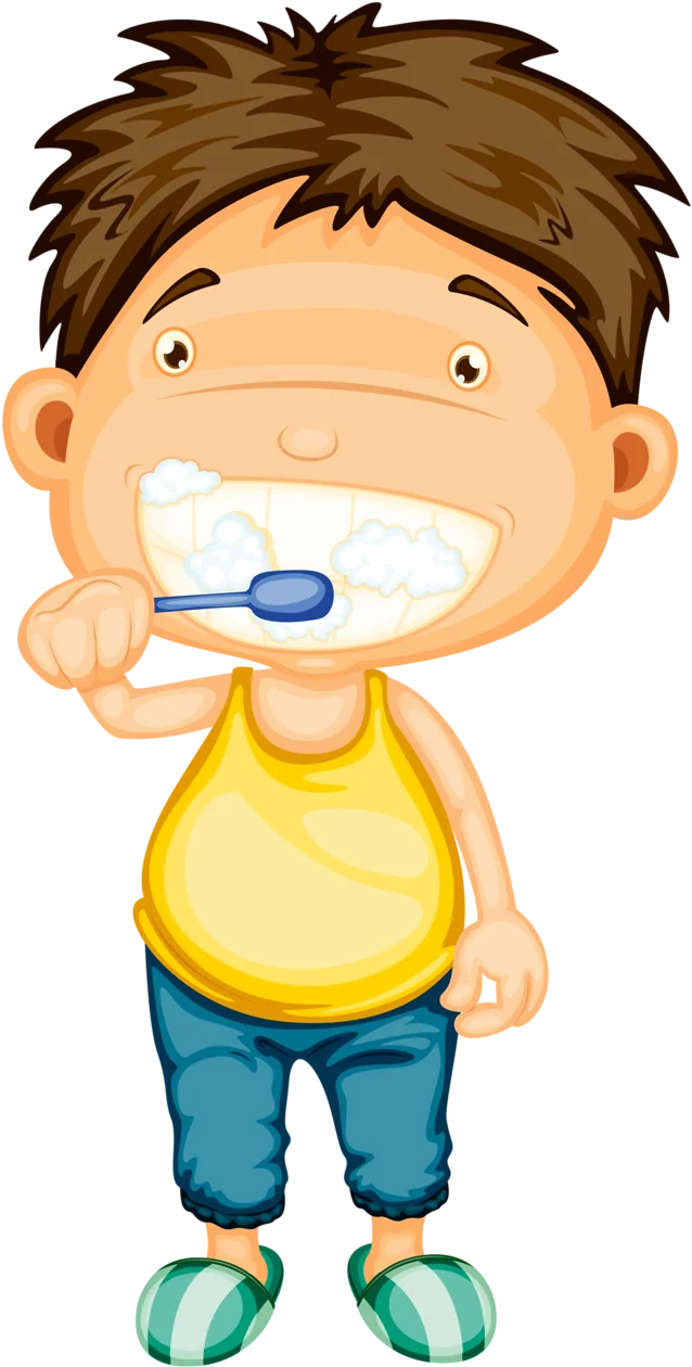 Cheerful Young Boy Brushing Teeth in Cute Cartoon Clipart Style