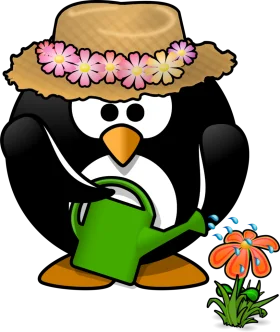 Charming Gardener Penguin with Straw Hat and Watering Can Clipart Illustration