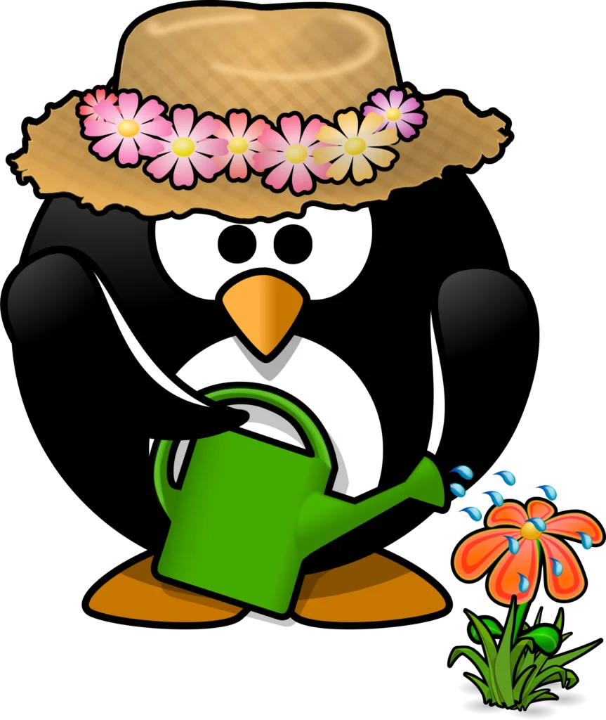Charming Gardener Penguin with Straw Hat and Watering Can Clipart Illustration