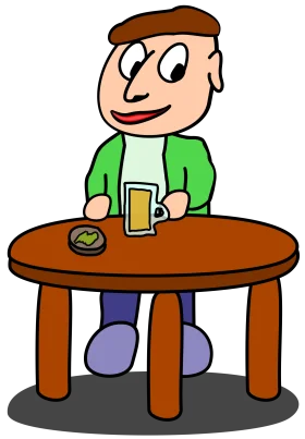 Cheerful Character Seated at Wooden Table with Beverage Clipart Illustration