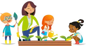 Cheerful Children Learning Gardening Skills Together in Colorful Clipart Scene