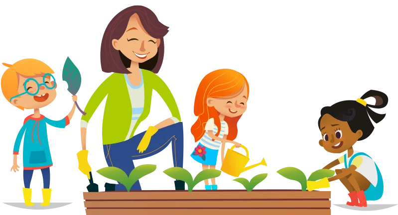Cheerful Children Learning Gardening Skills Together in Colorful Clipart Scene