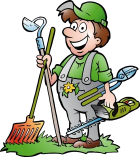 Cheerful Gardener Cartoon Clipart: Happy Landscaper with Essential Tools