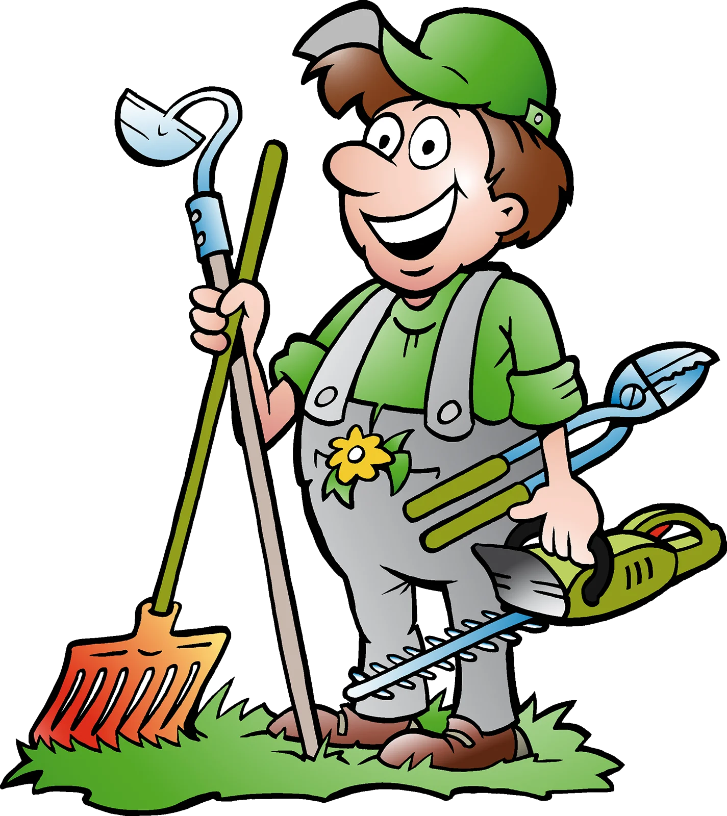Cheerful Gardener Cartoon Clipart: Happy Landscaper with Essential Tools