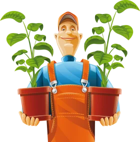 Cheerful Gardener in Orange Overalls Holding Potted Plants Clipart Illustration