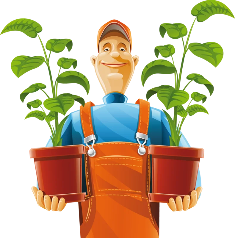 Cheerful Gardener in Orange Overalls Holding Potted Plants Clipart Illustration