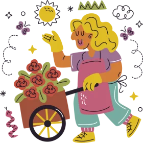 Cheerful Gardener with Flower Cart Whimsical Gardening Clipart Illustration