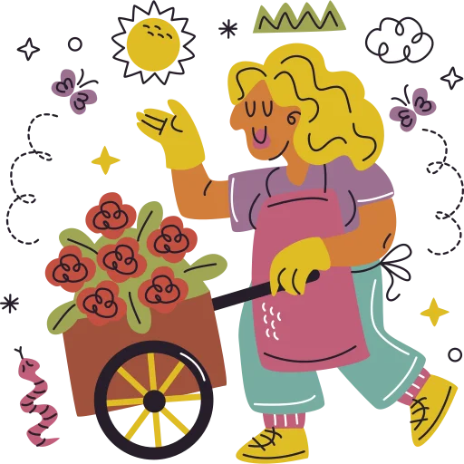 Cheerful Gardener with Flower Cart Whimsical Gardening Clipart Illustration