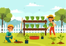 Cheerful Gardening Clipart Showcasing Two Young Enthusiasts Tending to Their Garden