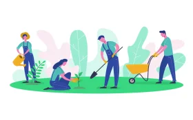 Cheerful Gardening Helpers Collaborative Outdoor Clipart Illustration