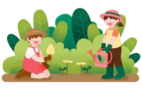 Cheerful Gardening Partners Nurturing Seedlings in a Lush Green Landscape Clipart