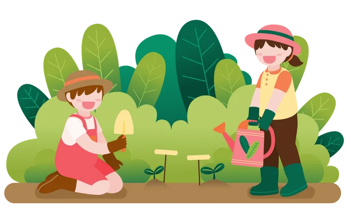 Cheerful Gardening Partners Nurturing Seedlings in a Lush Green Landscape Clipart