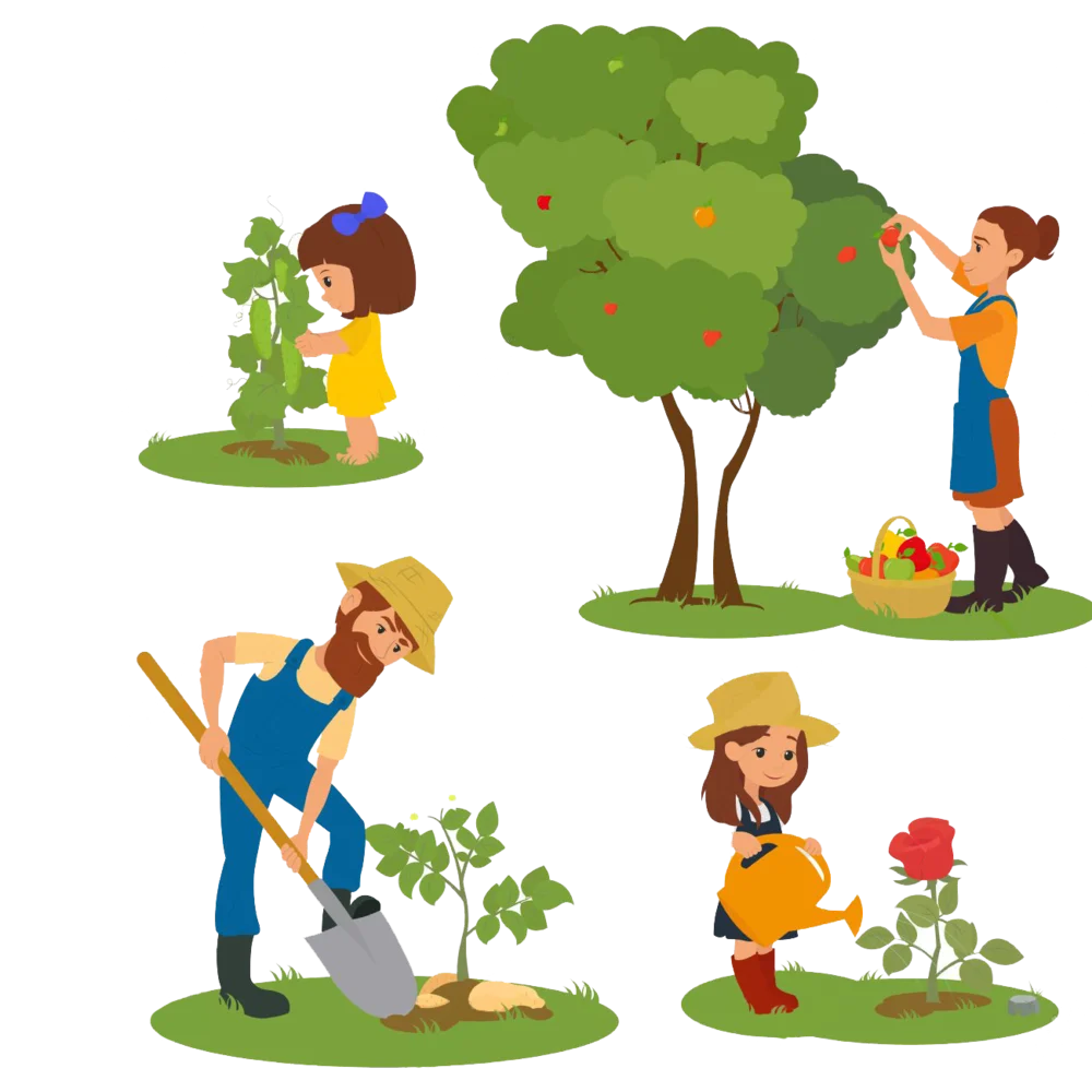 Cheerful Gardening Scenes Clipart Showcasing Agricultural Activities