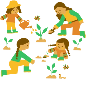 Cheerful Gardening Scenes: Playful Clipart Illustration of Children Nurturing Plants