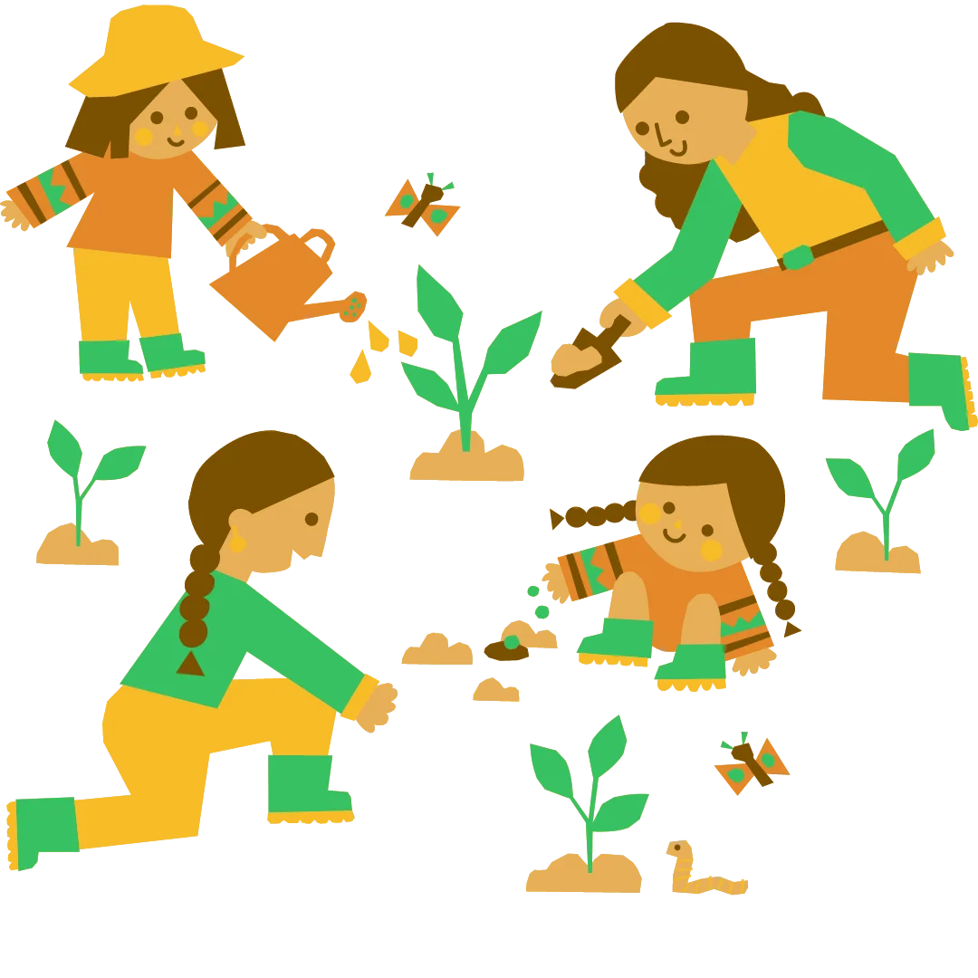 Cheerful Gardening Scenes: Playful Clipart Illustration of Children Nurturing Plants