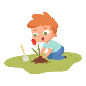 Cheerful Young Gardener Planting a Red Flower in Lush Green Clipart Illustration