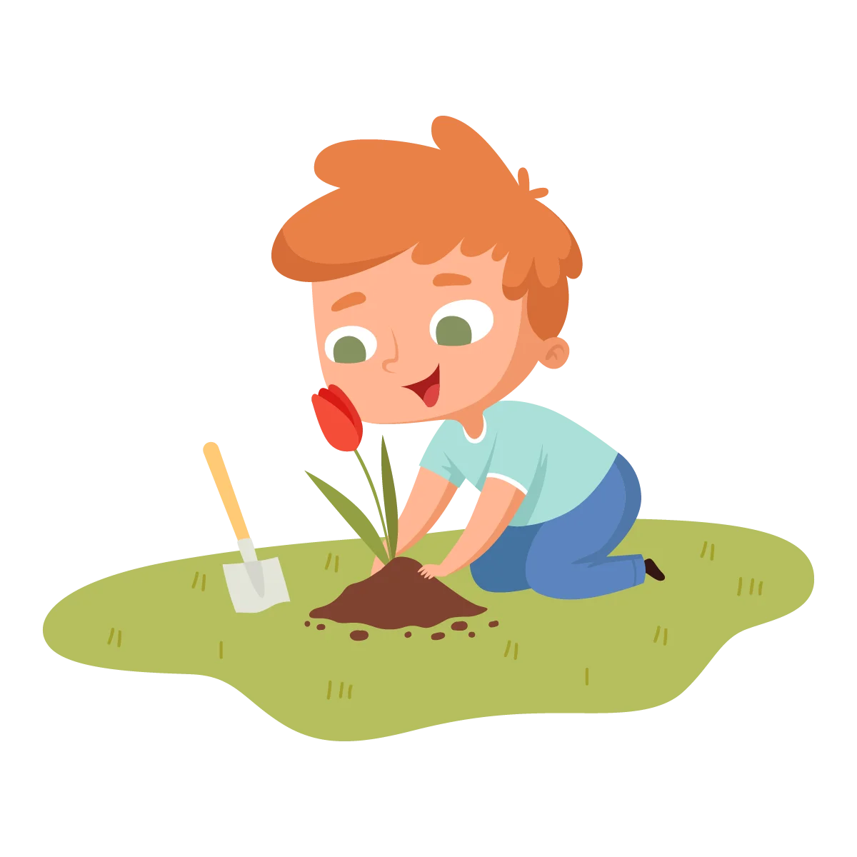 Cheerful Young Gardener Planting a Red Flower in Lush Green Clipart Illustration