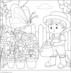 Delightful Garden Scene Clipart with Friendly Gardener and Butterflies