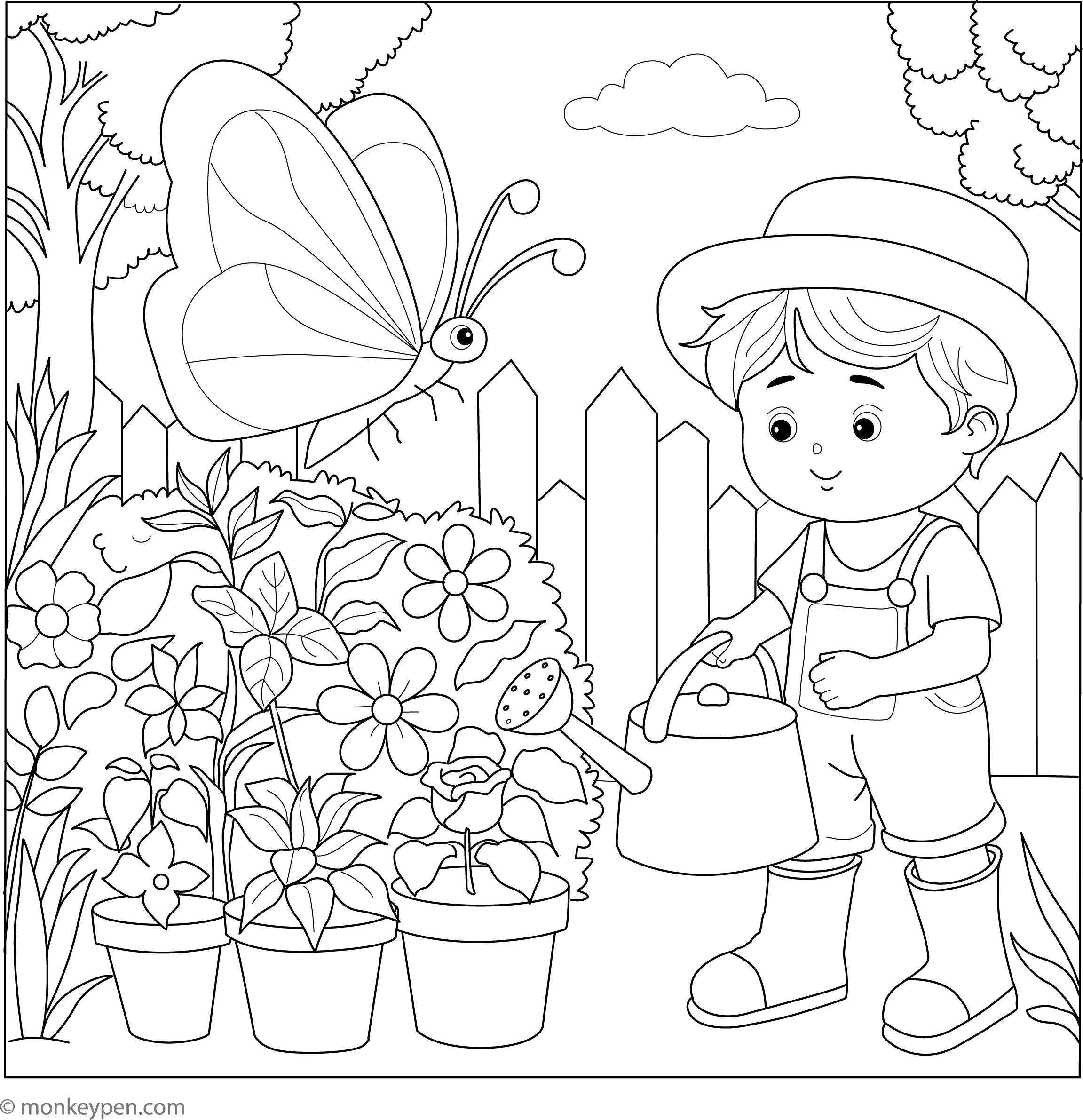 Delightful Garden Scene Clipart with Friendly Gardener and Butterflies